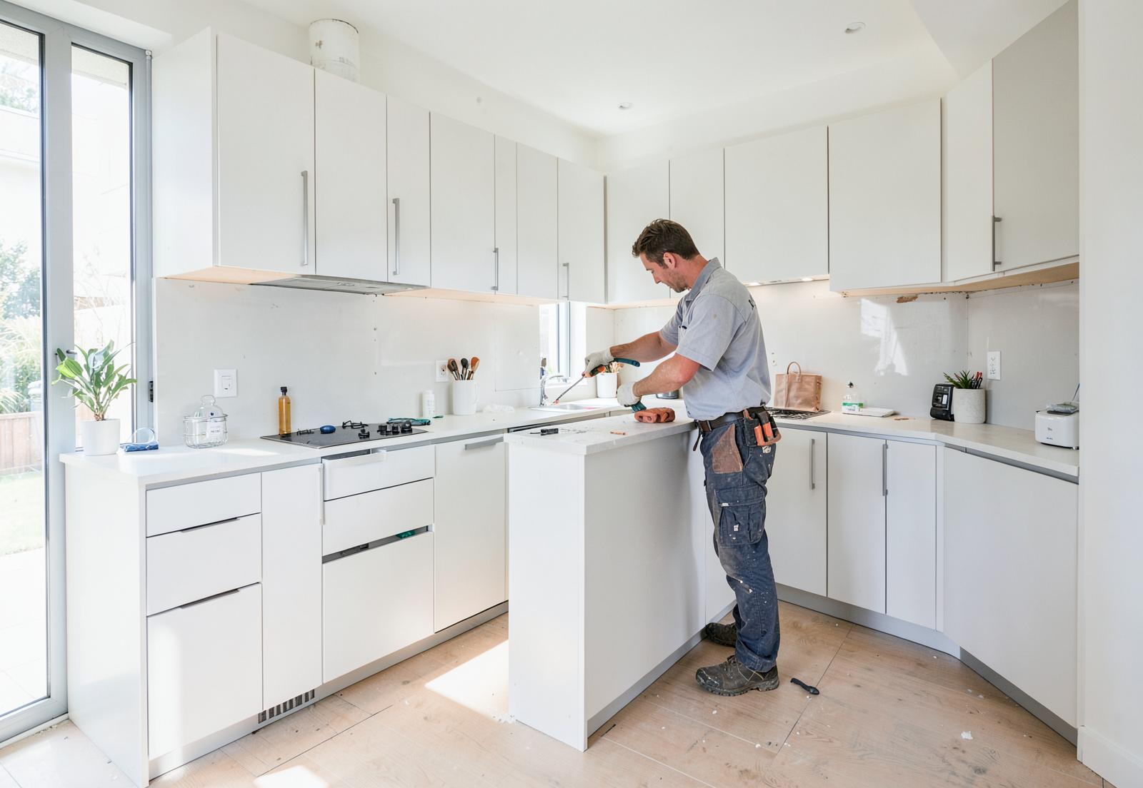 Remodeling crew finishing a renovated kitchen